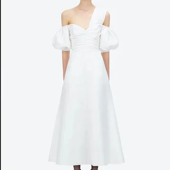 Tongrui Bubble Sleeve One Shoulder French Strapless 100%Cotton White Women Dress