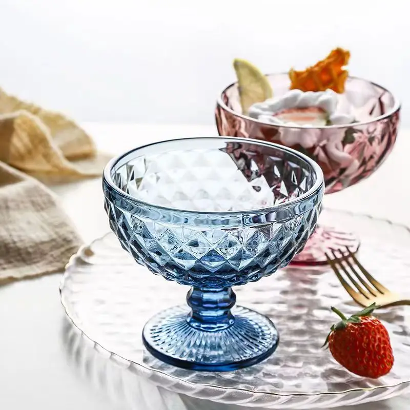 High Quality Dessert Cups Glass Ice Cream/Milkshake/Juice/Salad Embossed Glass Cup