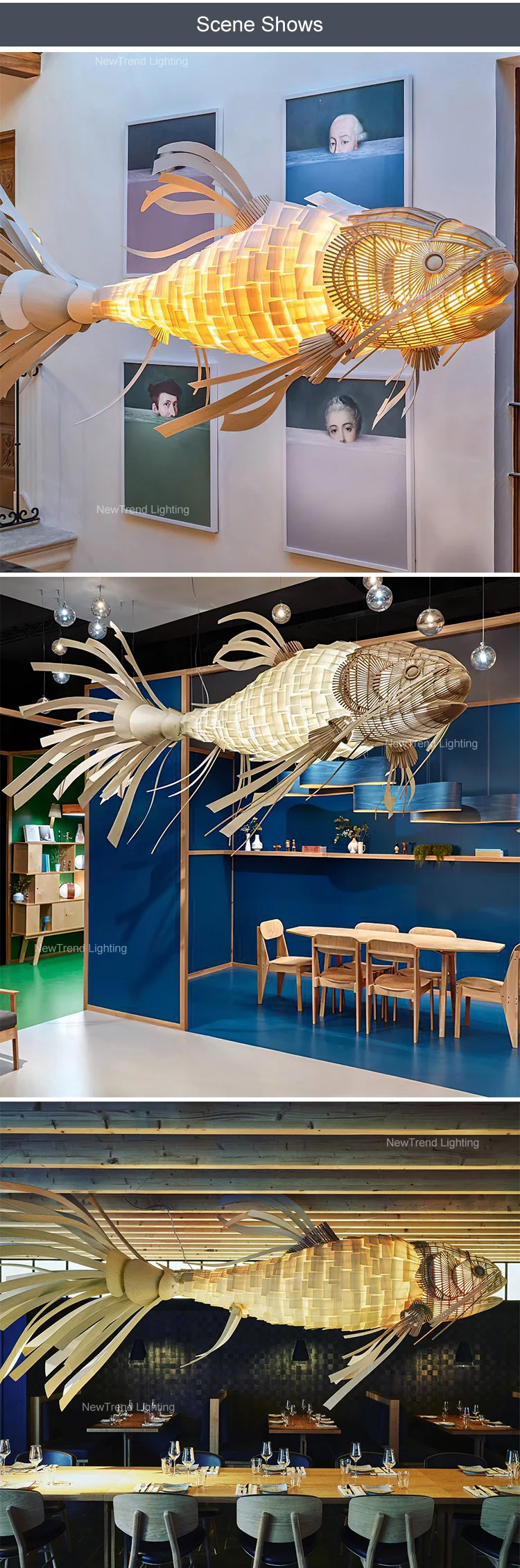 CPL-256 Custom Indoor Decoration Chandelier Villa Bar Restaurant Wooden Fish LED Hanging Light details
