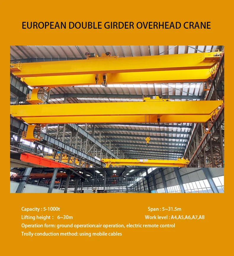 European Standard Double Girder Overhead Crane With Trolley Hoist And