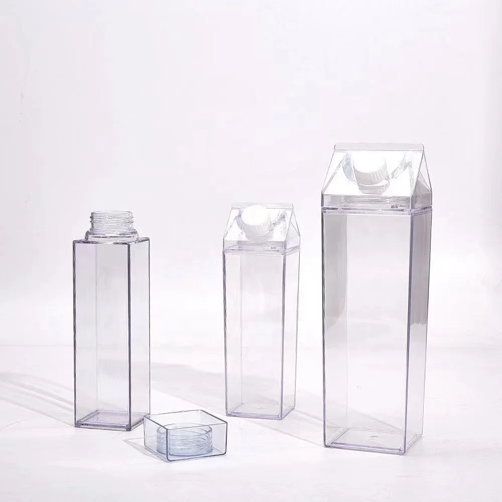 Wholesale 17oz 32oz 500ml 1000ml BPA Free Reusable Plastic transparent Colored Acrylic Milk Carton Water Bottle Milk Box Bottle