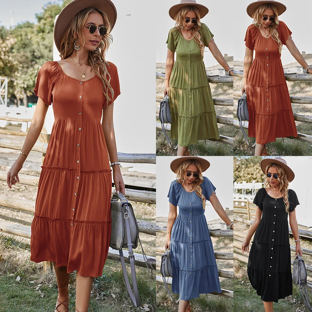Ying Tang Custom Design Women Summer Round-neck  Solid Color Button Maxi Dress Elegant Casual Fashion Dress OEM/ODM