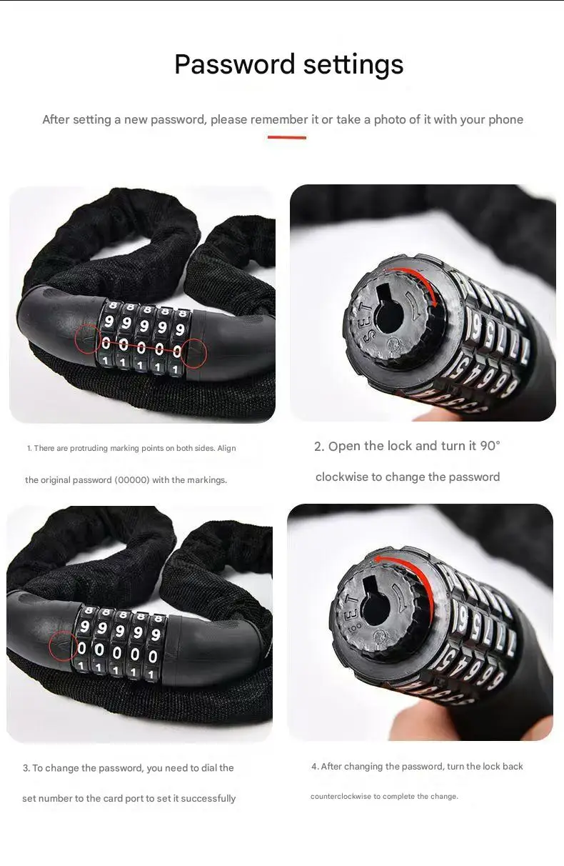 Waterproof Rust-Free ABS+Steel Black Anti-Theft Password Chain Lock for Mountain Bike/Electric/Battery Bike/Motorcycle