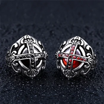 Direct wholesale costume jewelry china stainless steel mens ruby red zircon diamond cross vampire ring jewelry