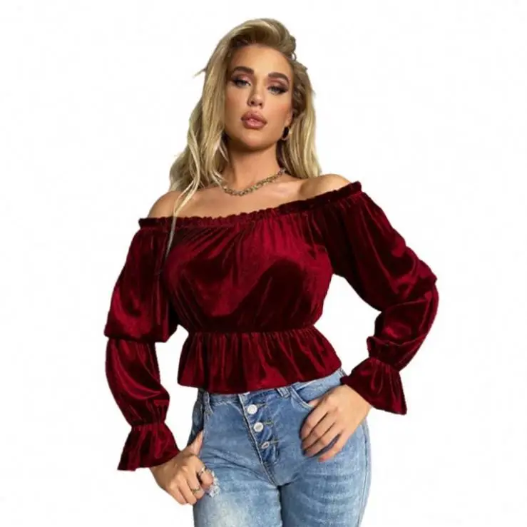Womens Spring Velvet Top Shirred 