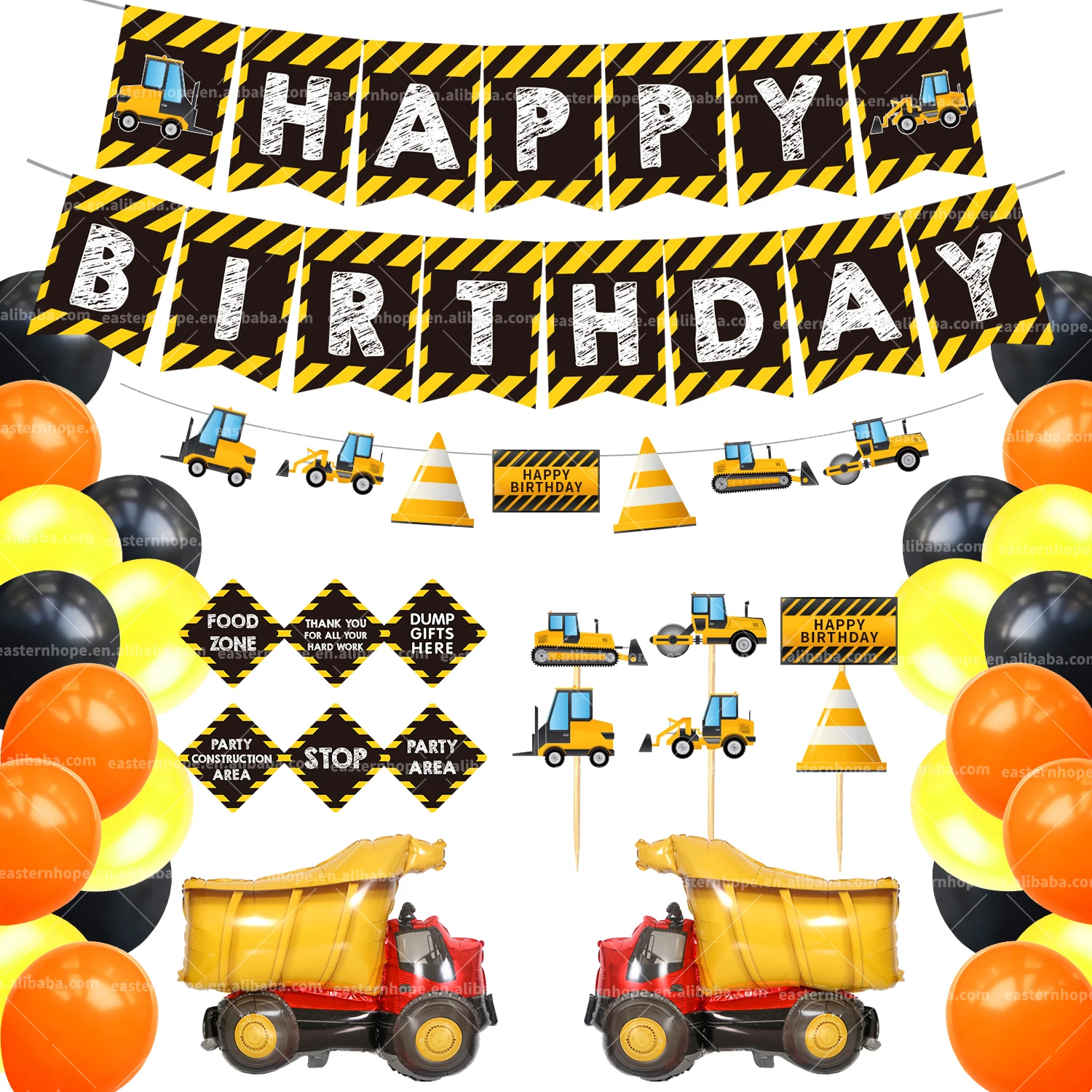 green-tractor happy birthday banner garland construction vehicle party-deco/_T*bp