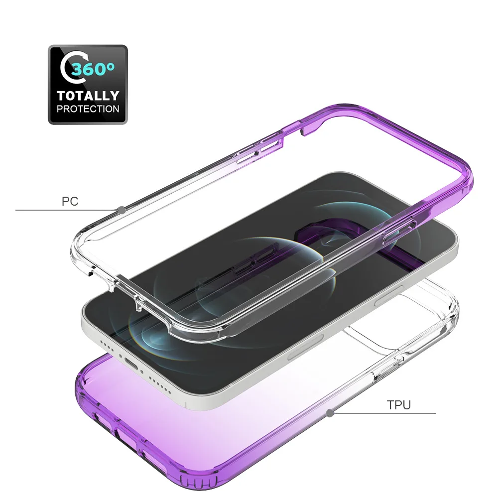 2 in 1 High Transparent Gradient Shock Absorption Bumper Protective Phone Case for iPhone 7 12 mini 14 plus 15 pro max