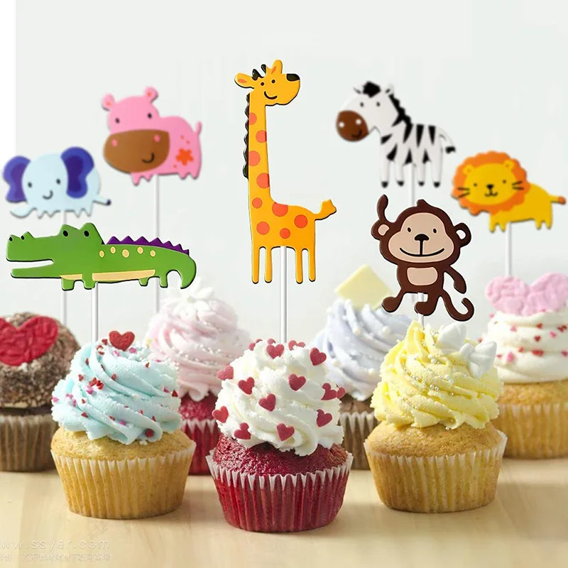 7-piece Set Giraffe Monkey Lion Elephant Cake Insert Card Animal Theme Baby Birthday Party Decoration