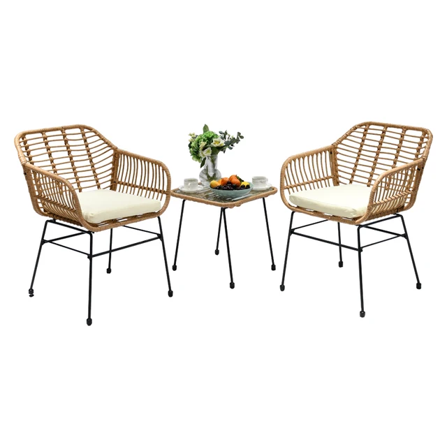 Modern Design Outdoor Garden Terrace PE Rattan Woven with Metal Frame Furniture 3-Piece Set with Cushions Handwoven Table Chairs