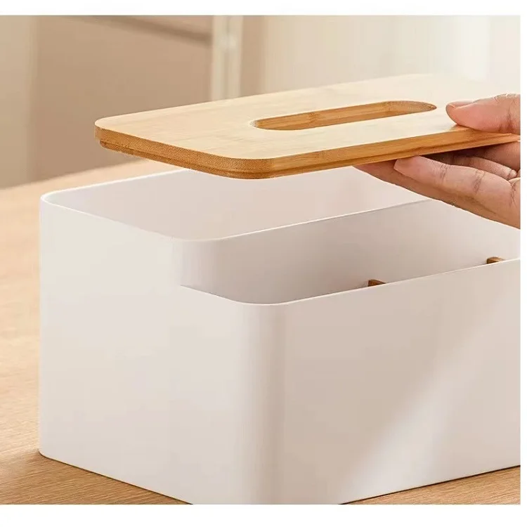 Multifunctional Tissue Holder with Bamboo Wood Lid Napkin Organizer Container Plastic Tissue Box
