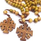 Cross Wooden Beads Weaving JERUSALEM Jerusalem Religious Catholic Jewelry Cross Jesus Rosary Necklace