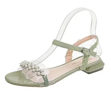 Factory wholesale 2024 summer new tassel buckle sandals one word Pearl Flower Nail buckle square heel low heel women's sandals
