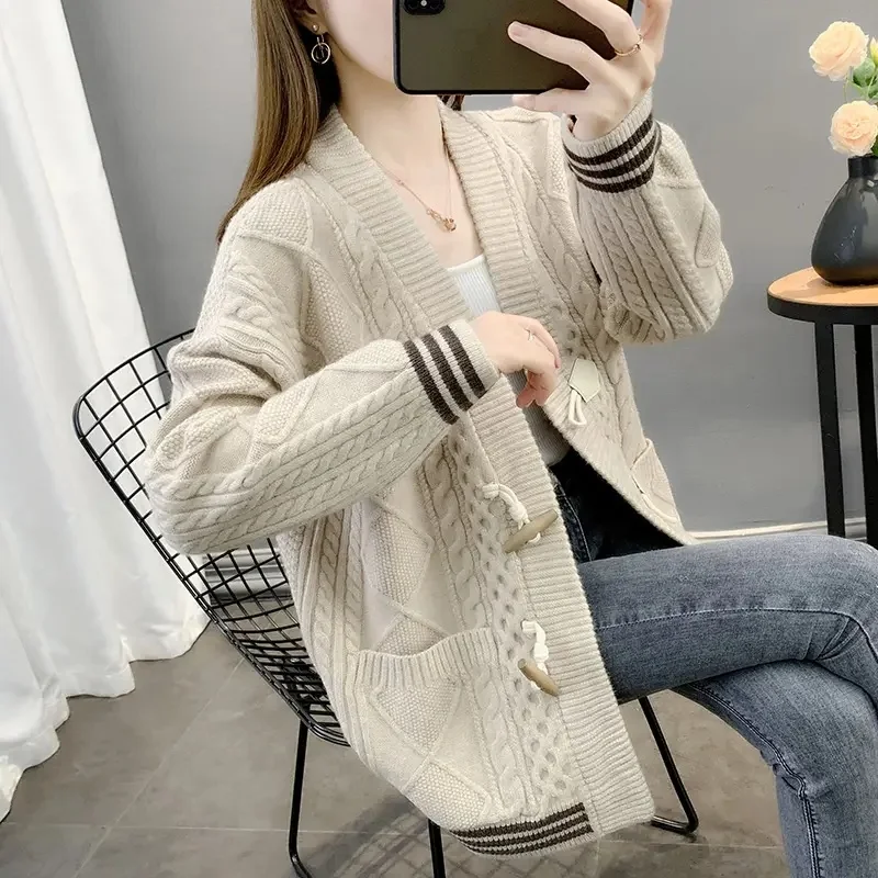 2024 Casual Cardigan Lady's Long Sleeved Sweater For Woman Open Front Round Neck Knitted Veste Femme Thin Coat For Young Women