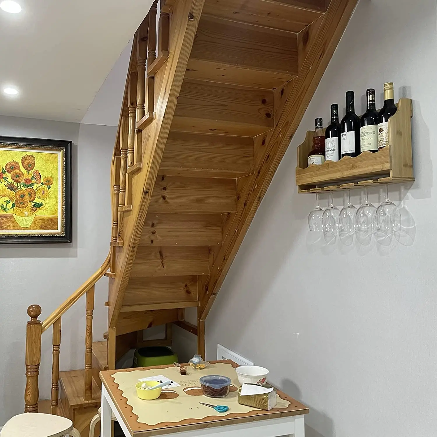 product wood wine bottles holder wall mounted bamboo wine rack with hanging stemware glasses set-2