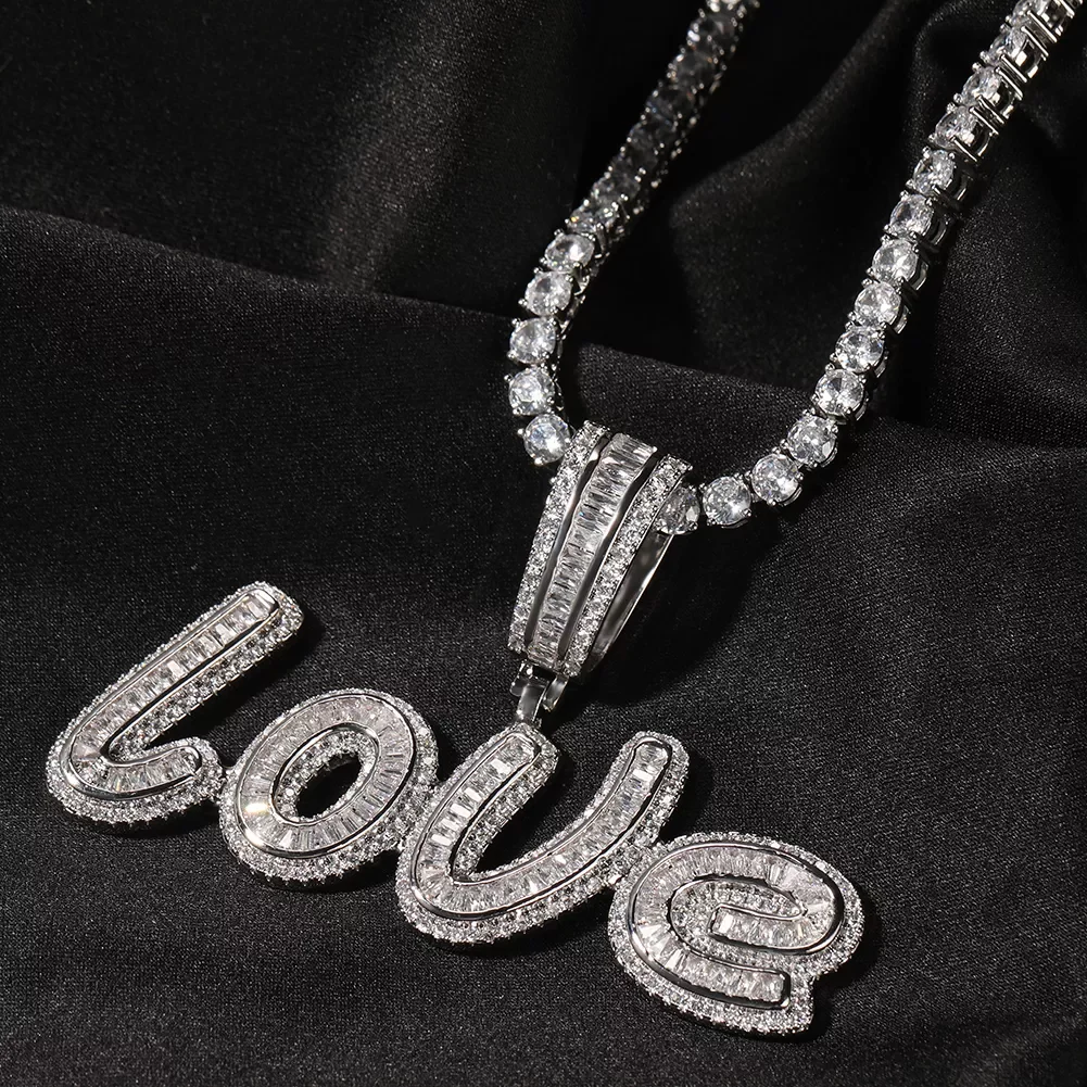 TOP ICY heart hook baguette CZ custom name necklace Brush font personalized initial necklace iced out name plate jewelry
