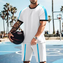 2023 M-3XL Splicing Stripe OEM 2 Pieces Set Summer Clothes Soccer Shorts Basketball Tennis O Neck Sportswear Tshirts Shorts Man