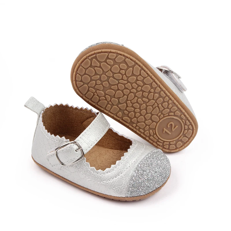 product shiny glitter pu leather matching color solid color wavy lace princess toddler shoes for baby girls-5