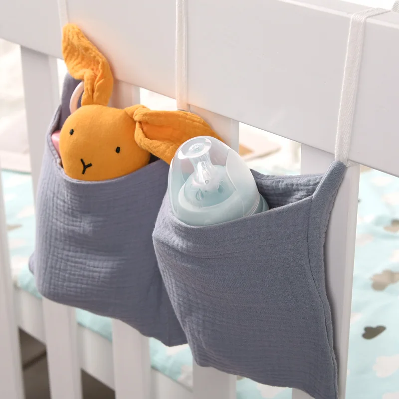 Baby Bed Hanging Storage Bags Cotton Muslin Crib Organizer Toy Diaper Nappy Pocket for Crib Bedding Bedside