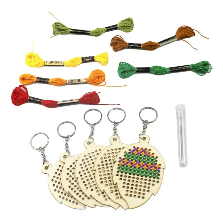 5Pcs Wooden Leaves with Colour Embroidery Threads DIY Craft Kit Home Decor Cross-stitch Keyring