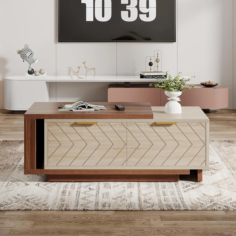 Adjustable Length Reversible Wood 42"-65" Extendable Coffee Table 2 Storage Drawers Dual-Tone Large Long Rectangular Table details