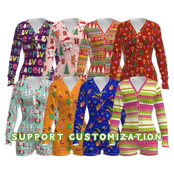 family pajama custom print adult onesie christmas onesie butt flap women christmas onesie pajamas women's sleepwear