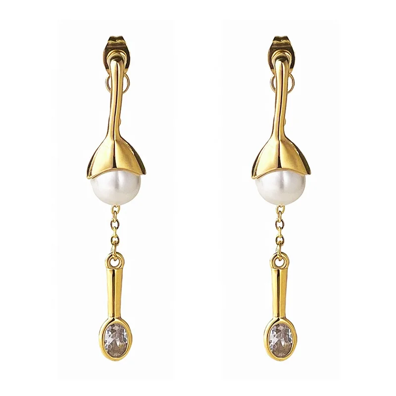 18K Gold Plated Stainless Steel Jewelry Spoon Shaped Zircon Pearl Ear Stud  Accessories Drop Earrings E221364