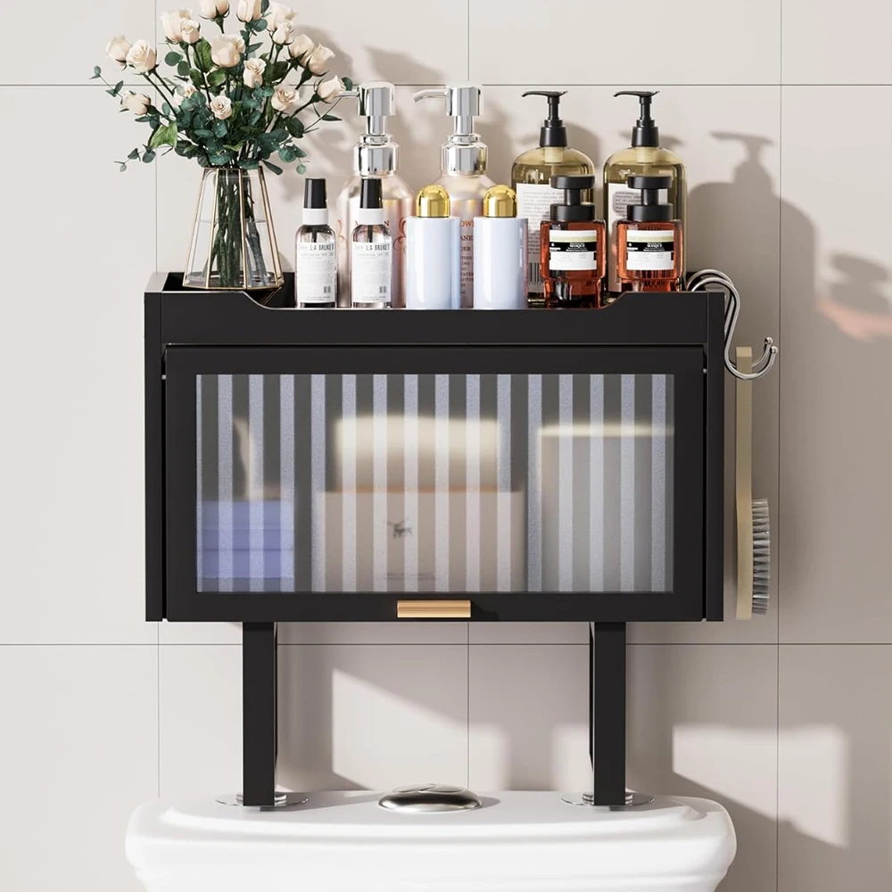product bamboo wall mounted toilet storage cabinet space saving bathroom storage rack with lid and 2 hooks no drilling design-6