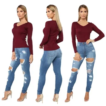 Wholesale plus-size S-3XL solid color stretch pencil pants women's button-down high stretch slim ankle pants jeans