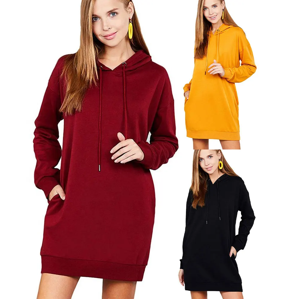 Women Kangaroo Pocket Hoodie Dress Long 