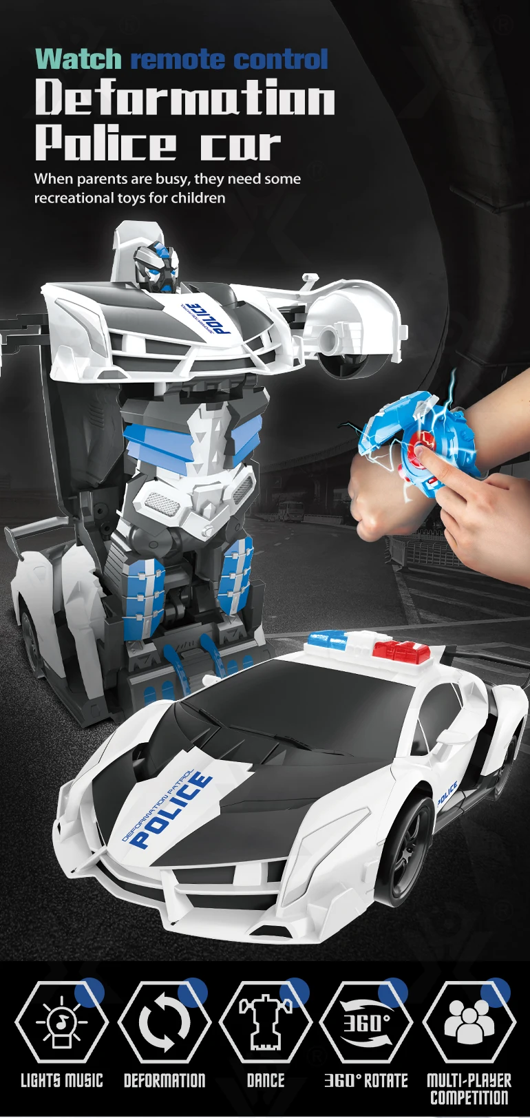 Chengji jouet enfant 2022 watch control one-key deformation car toys 2.4g remote control deformation police robot car for kids