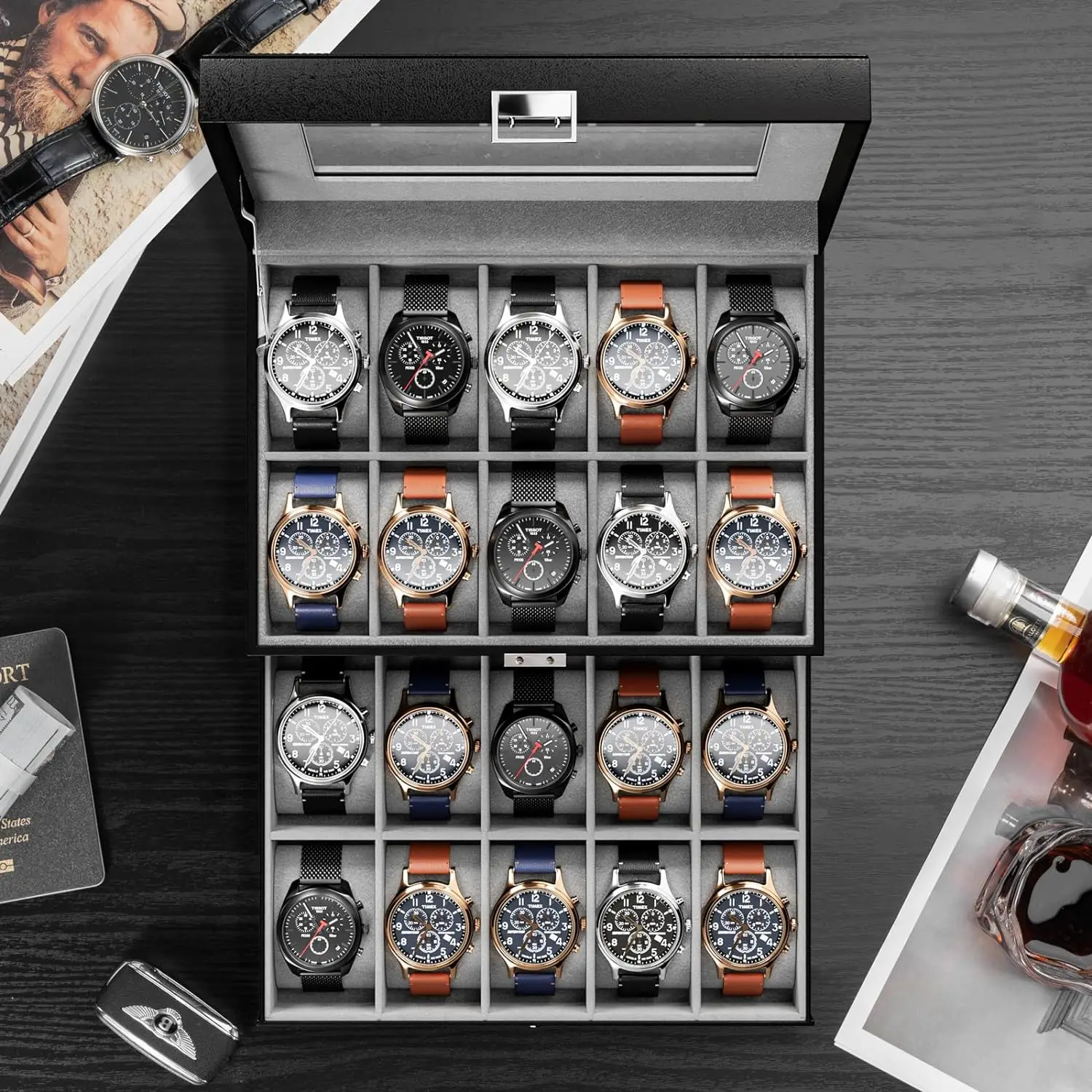 Custom 20 slot watch display case mens watch box organizer wrist watch display organizer storage box with glass lid