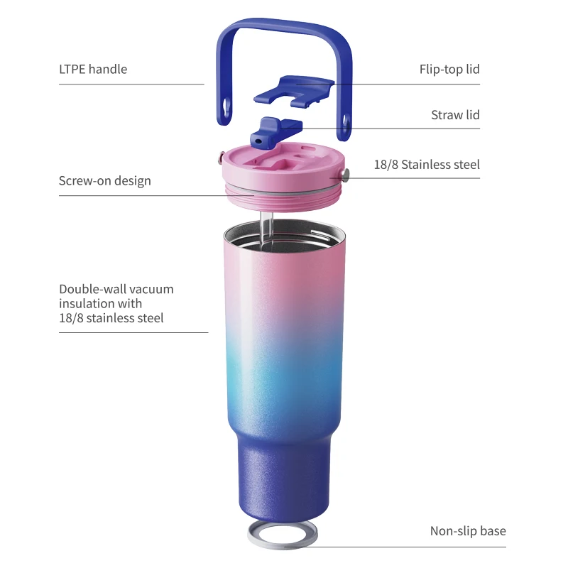 2026 New Design Tote Leakproof 40Oz Tumbler With Handle Straw Lid Coffee Stainless Steel Cup manufacture