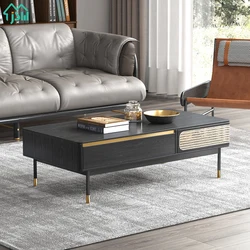 Living Room Furniture Storage Tea Table Brass Metal Legs Modern Nordic Rattan Coffee Table