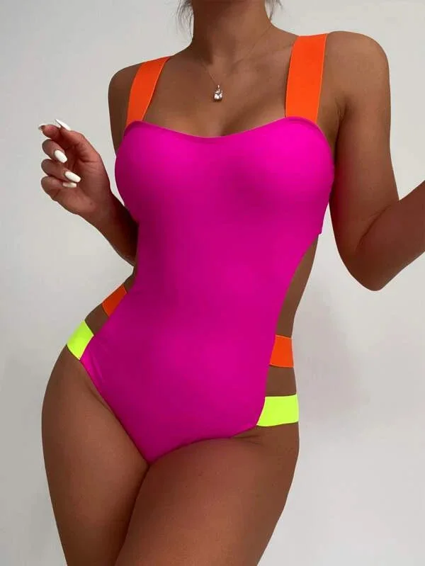New fluorescent color bandage contrast color one-piece swimsuit European and American sexy bikini