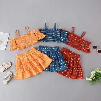 Q20336 Toddler Girl Clothes Off Shoulder Floral Tops & blue Suspender Shorts Outfits Sets Vetement Enfant Fille