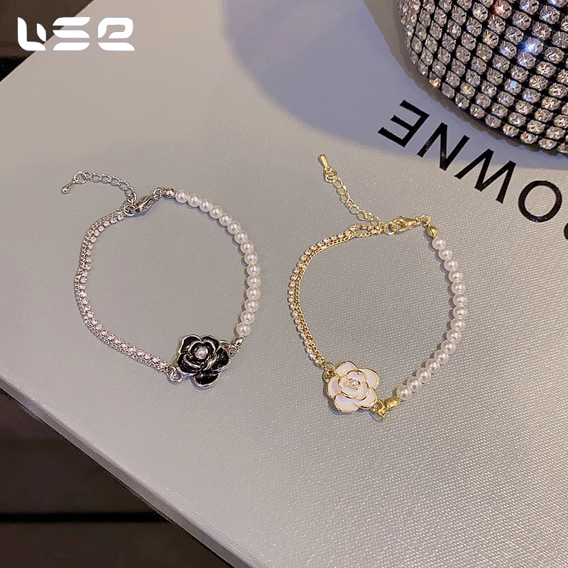 Hot sales in 2024 fashion luxury temperament copper zircon pearl camellia flower bracelets jewelry for women
