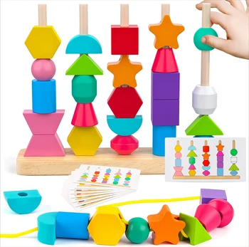 MI Custom Montessori Toys Bead Sequencing Set Toddlers Preschool Learning Fine Motor Skills Toys Wooden Lacing Beads