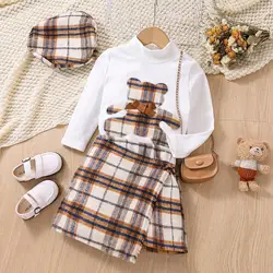 High quality baby girls clothes cute bear print shirts+plaid skirt fashion toddler clothing  kids 2pcs outfits with hat