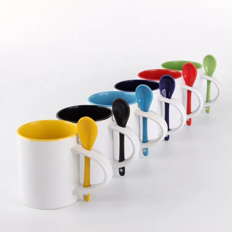 Hot Selling 11oz Yellow Red Black Green Ceramic Mug Logo Sublimation Mug With Spoon