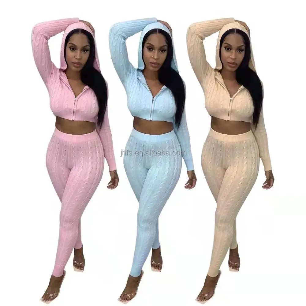 Ju0026h Trendy Knit Set Women Clothing Women Zip Up Cropped Hoodies And Legging Pants  Set 2 Piece Sweater Set For Fall - Buy Knitwear Women Plain Hoodie And  Leggings Two Piece Set,Women's