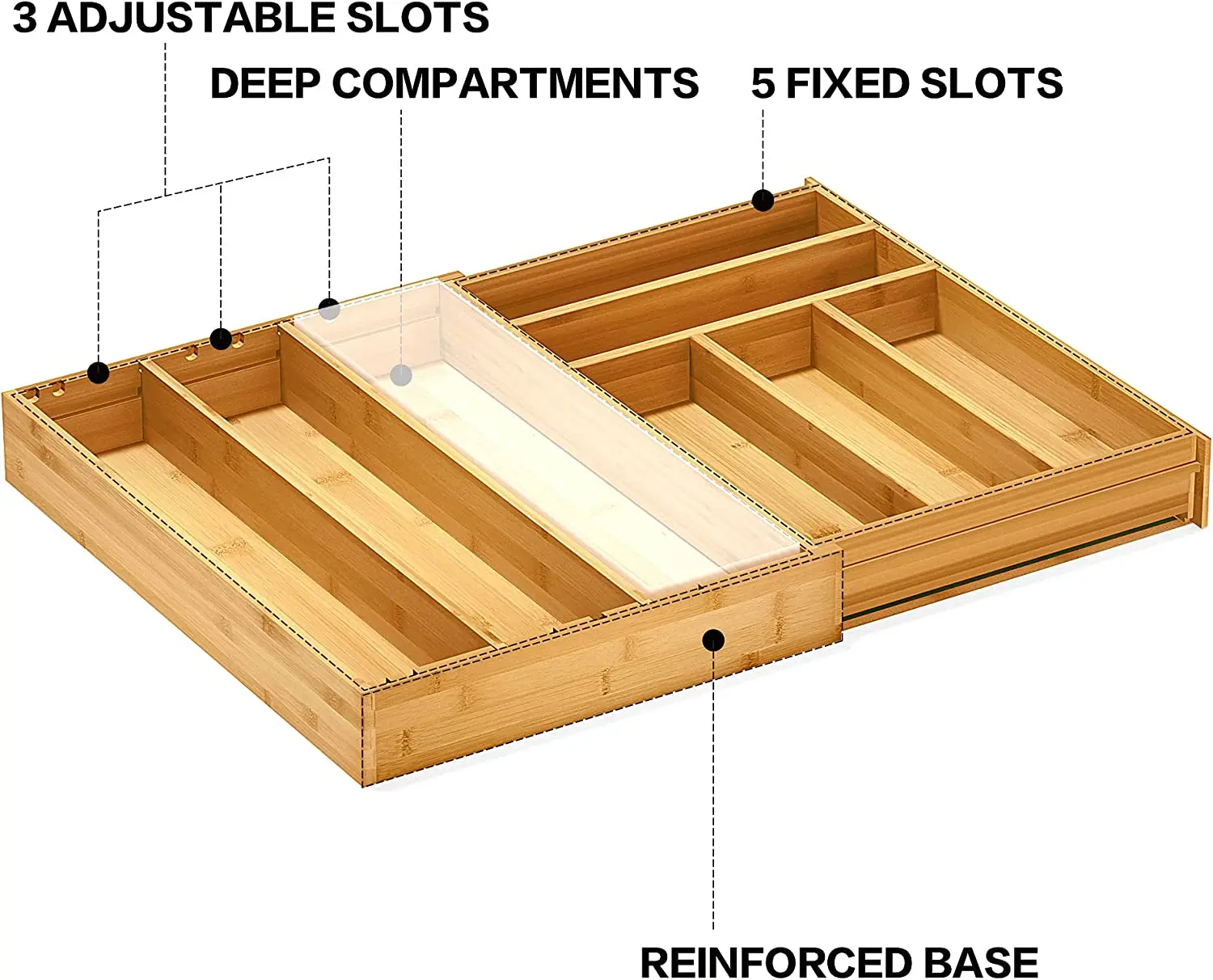 product adjustable single tier wood cutlery tray divider bamboo kitchen drawer organizer for utensil storage and sundries-3
