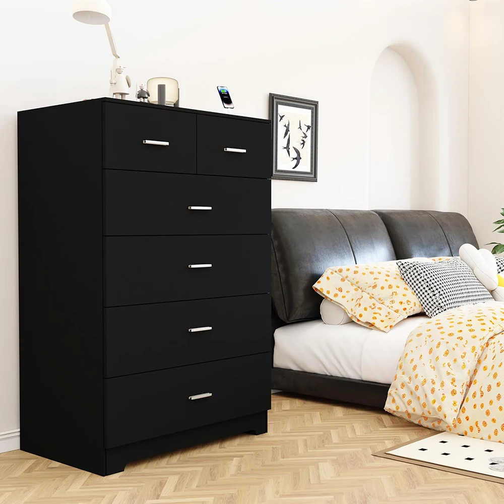 product nu deco mh25809 6 drawer wooden modern dresser with power outlets black tall storage smooth metal rail for bedroom-4