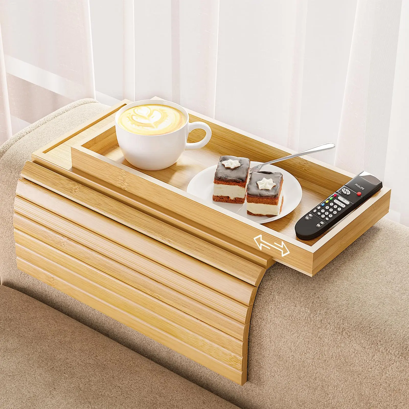 product 2 in 1 bamboo sofa armrest tray sliding detachable anti slip foldable frame beverage cup holder mobile tv remote storage tray-6