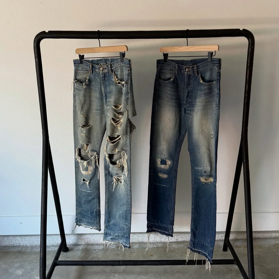 product oem clothing manufacturer men light blue heavy ripped flare denim pants streetwear distressed jeans wholesale-6
