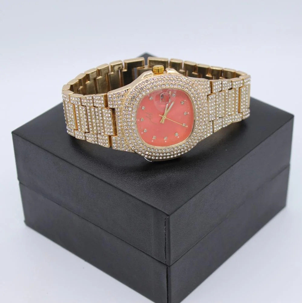 New Fashion High Quality Alloy Quartz Movement Gold Watches Luxury Branded Custom Full Diamond Watch for Men