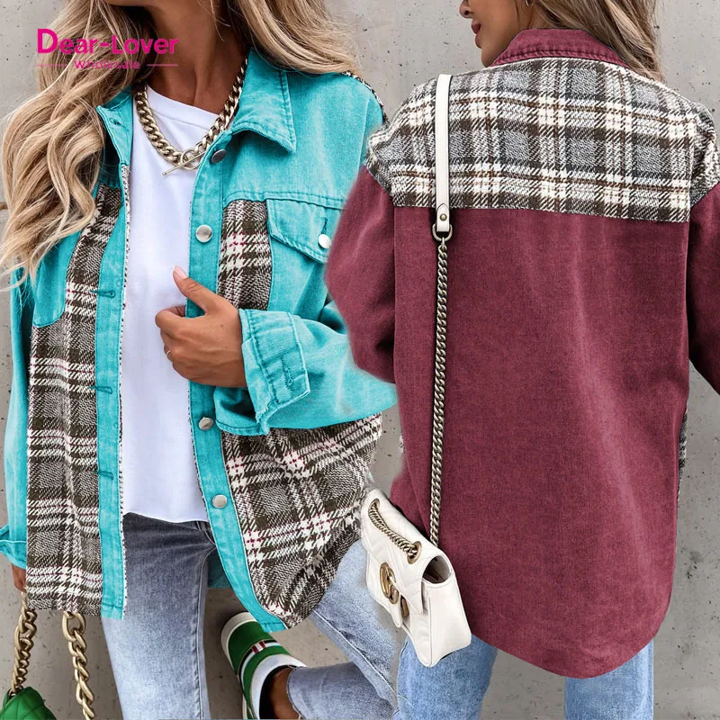 Dear-Lover Western Clothing Distressed Plaid Patchwork Pockets Ladies Outdoor Jean Denim Jacket For Women