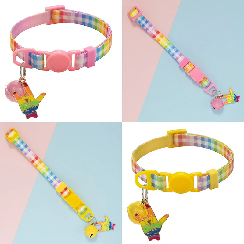Hot Selling Eco-Friendly Comfortable Nylon Rainbow Plaid Dogs Adjustable Small Bell Collar for Small Animals All Seasons Hand