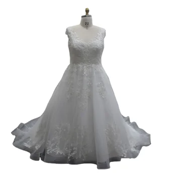 Capped sleeve spaghetti strap V-neck sequin beaded lace wedding dress