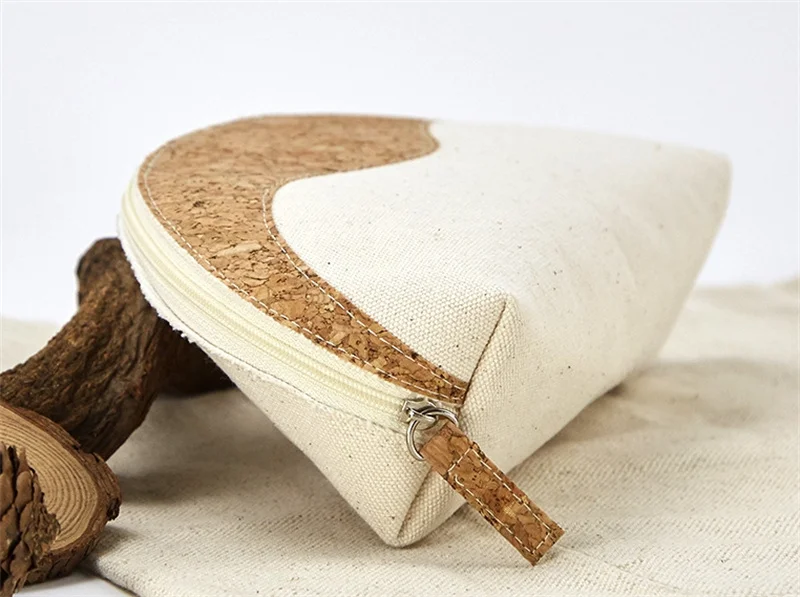 Custom Logo Cotton Canvas Cosmetic Bag Eco Friendly Zipper Pouch Cork Travel Toiletry Shell Makeup Organizer Cork Cosmetic Bag