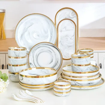 Ceramic Tableware Set Hotel Tableware Combination Wholesale Marble Porcelain Plate Bowl Spoon Home Nordic Style White Luxury